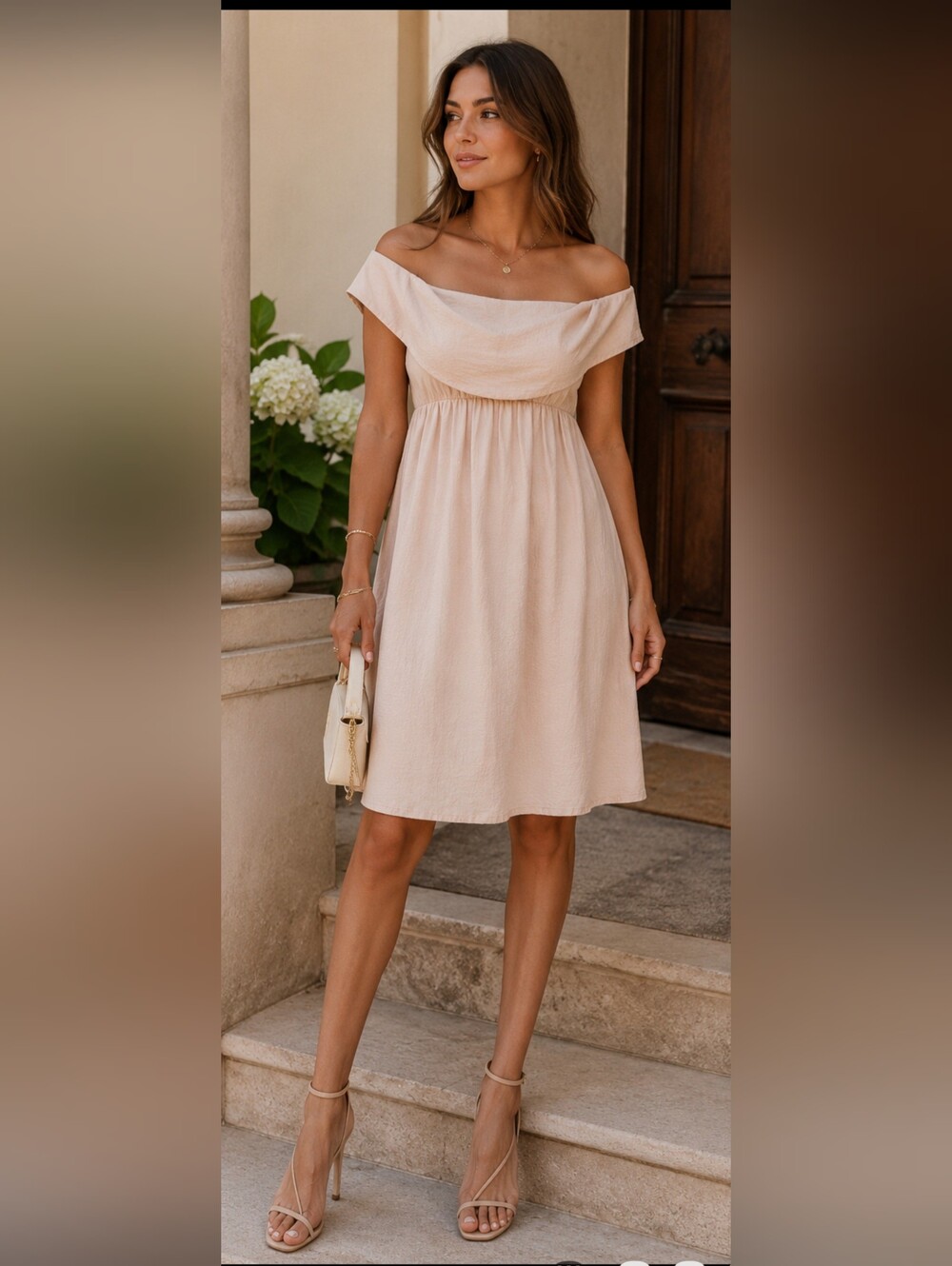 PQ LA Halston Woven Champagne Off Shoulder Dress Medium Empire Waist Cocktail